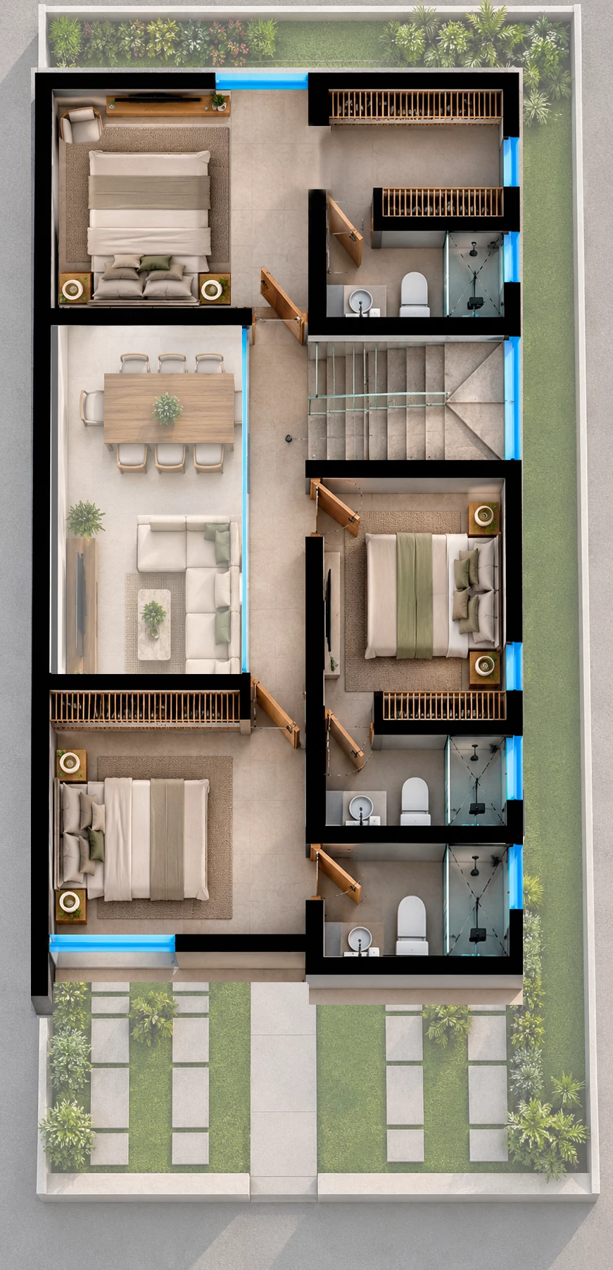 Planta alta de la residencia Amatista en Algia, vista superior de su distribución