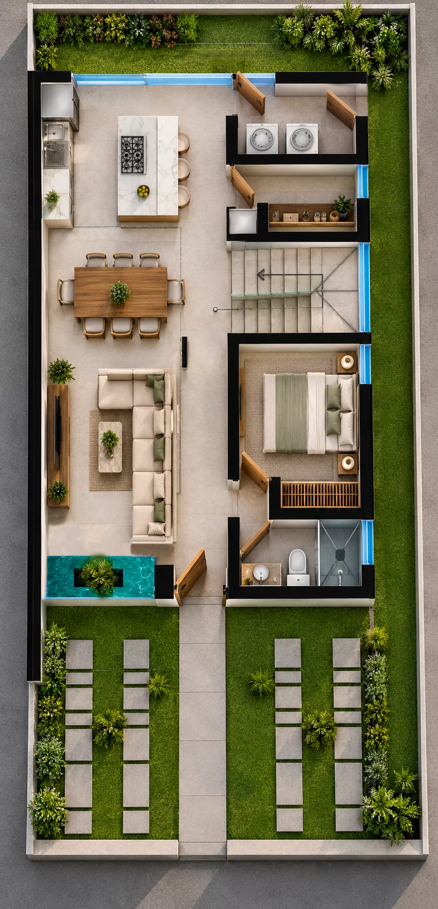 Planta baja de la residencia Amatista en Algia, vista superior de su distribución