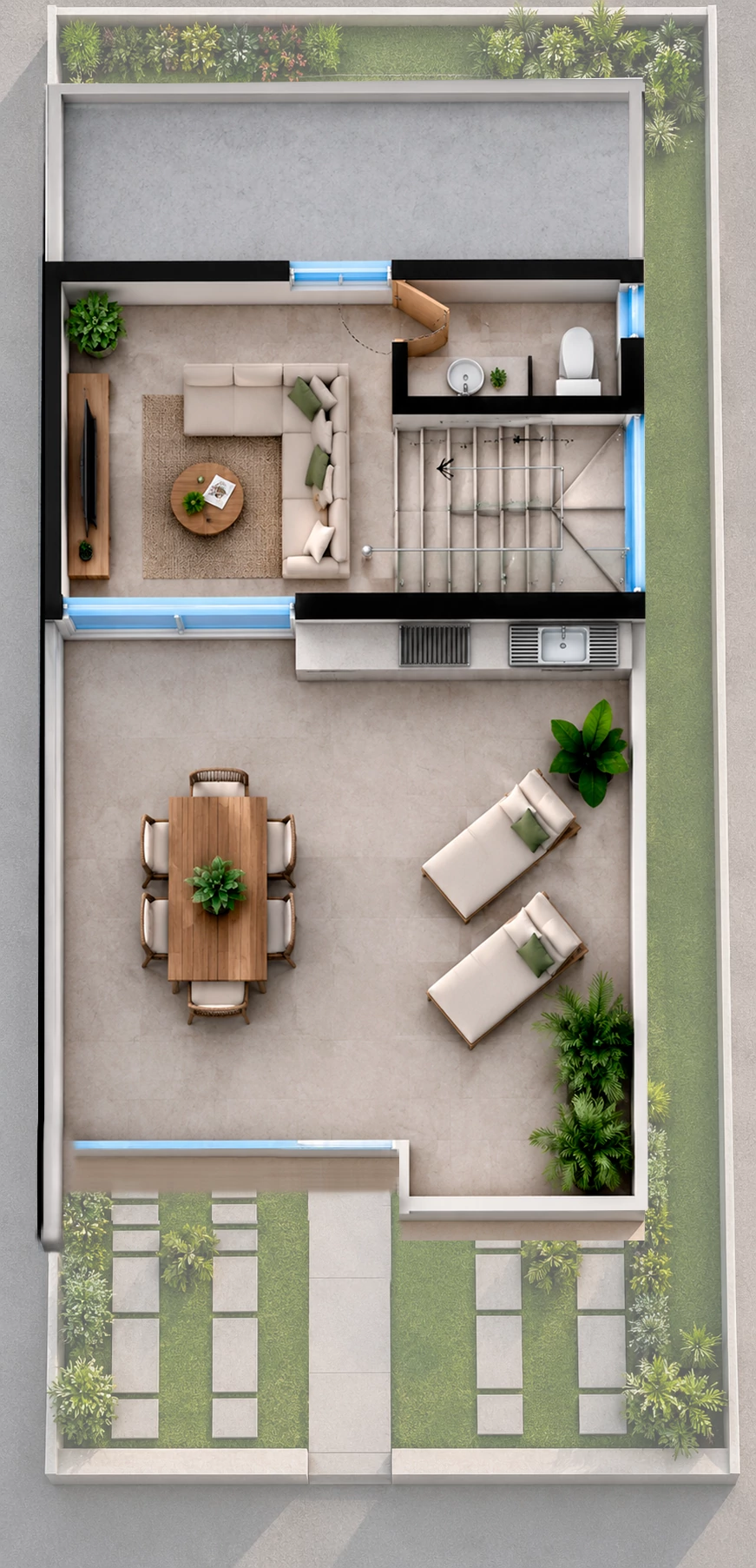Roof garden de la residencia Amatista en Algia, vista superior de su distribución