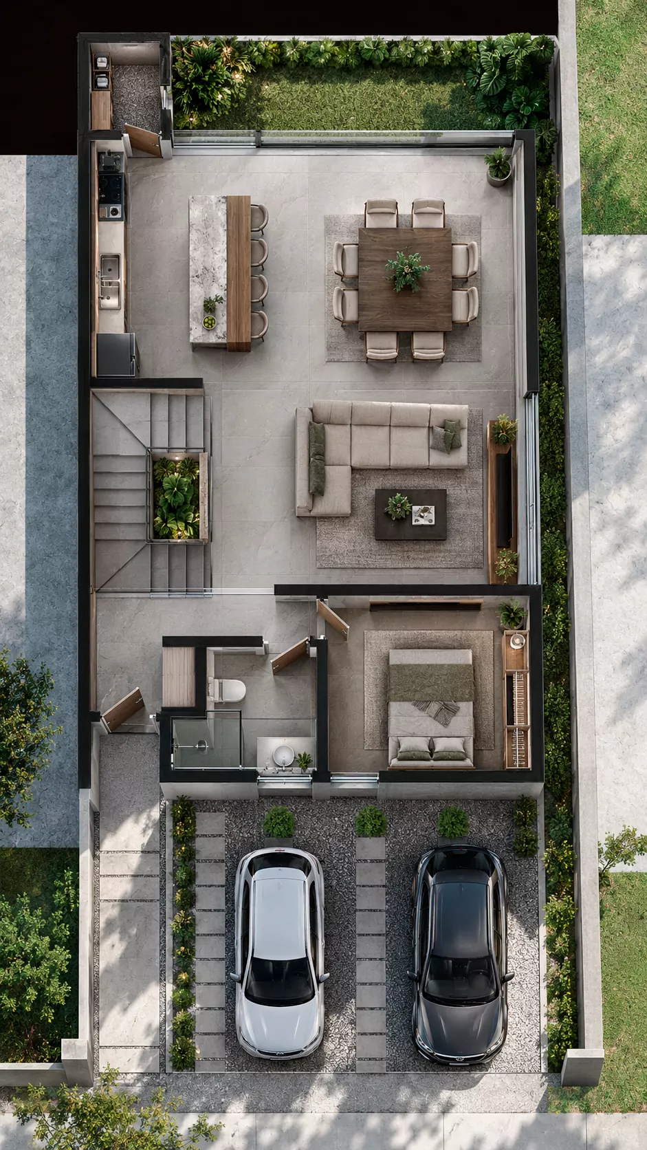 Planta baja de la residencia Cuarzo en Algia, vista superior de su distribución