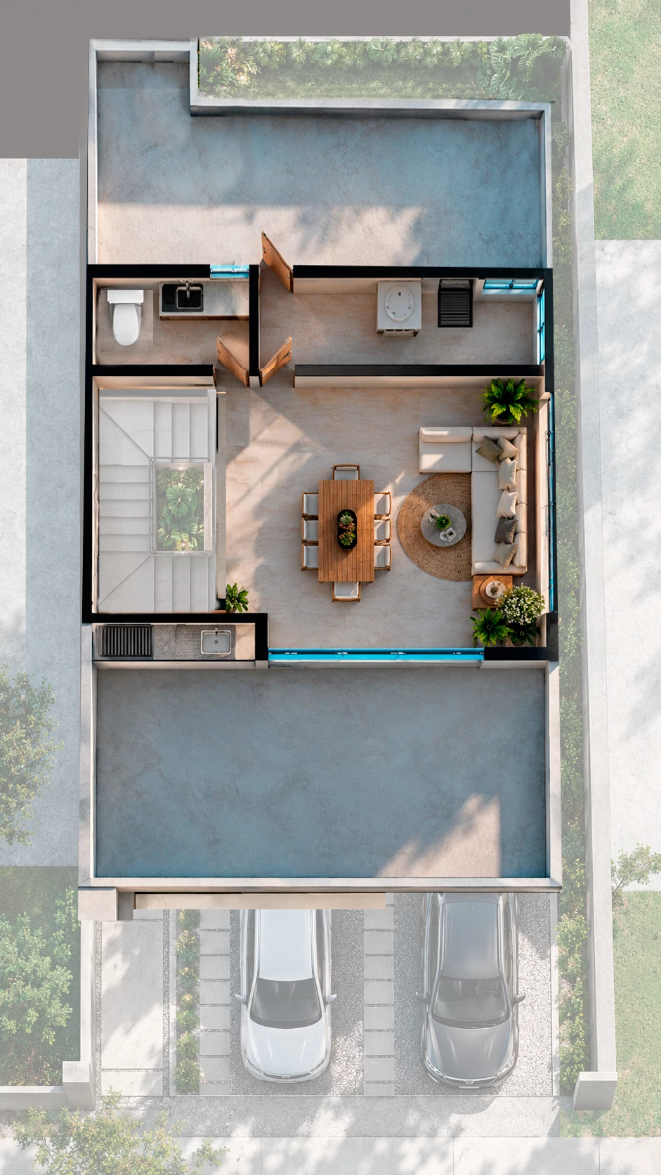 Roof garden de la residencia Cuarzo en Algia, vista superior de su distribución