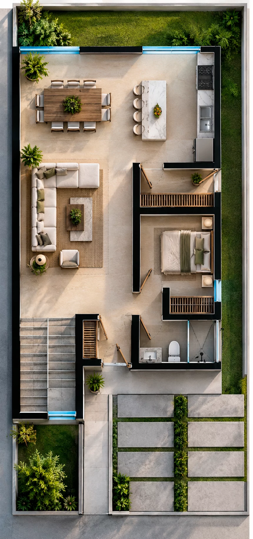 Planta baja de la residencia Ónix en Algia, vista superior de su distribución