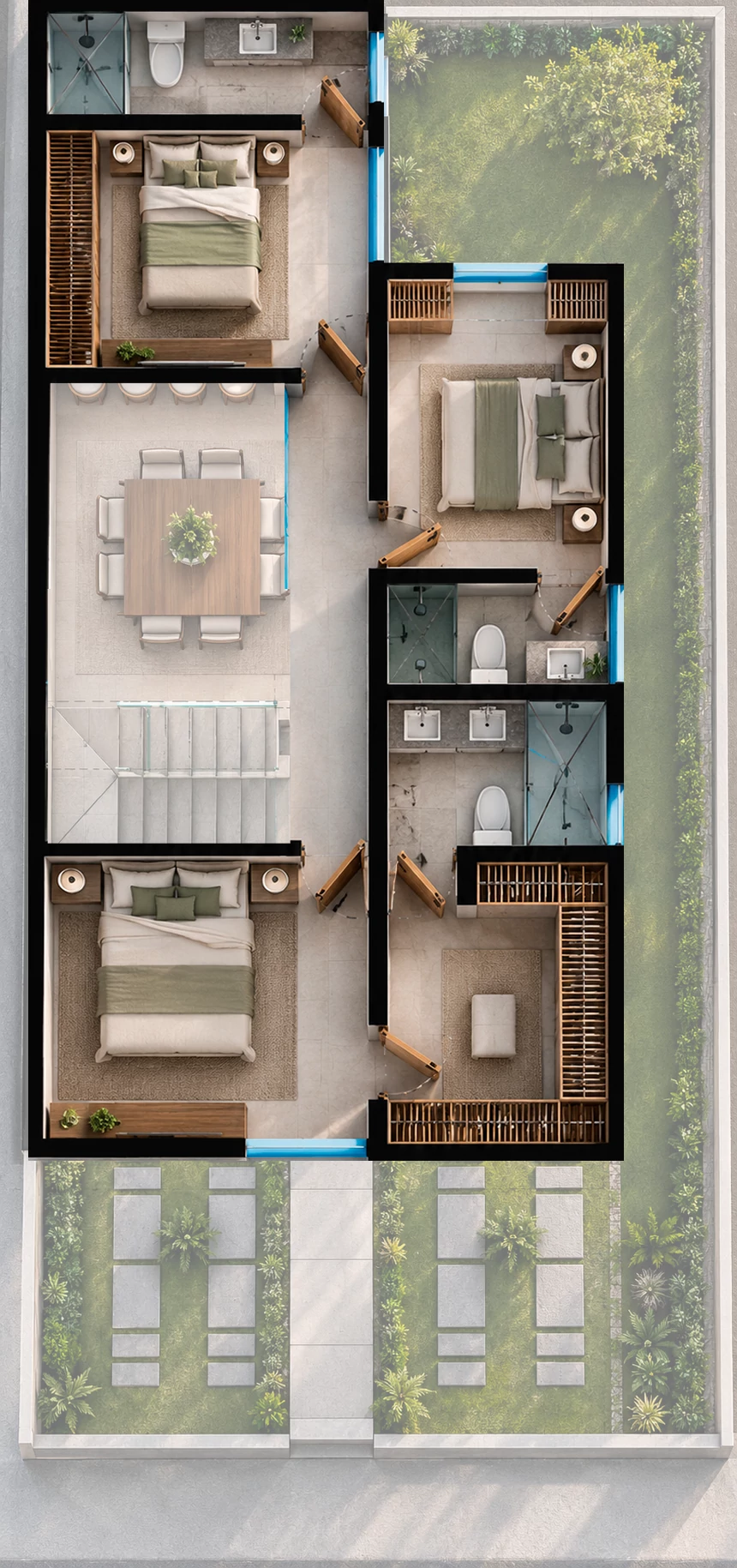 Planta alta de la residencia Zafiro en Algia, vista superior de su distribución