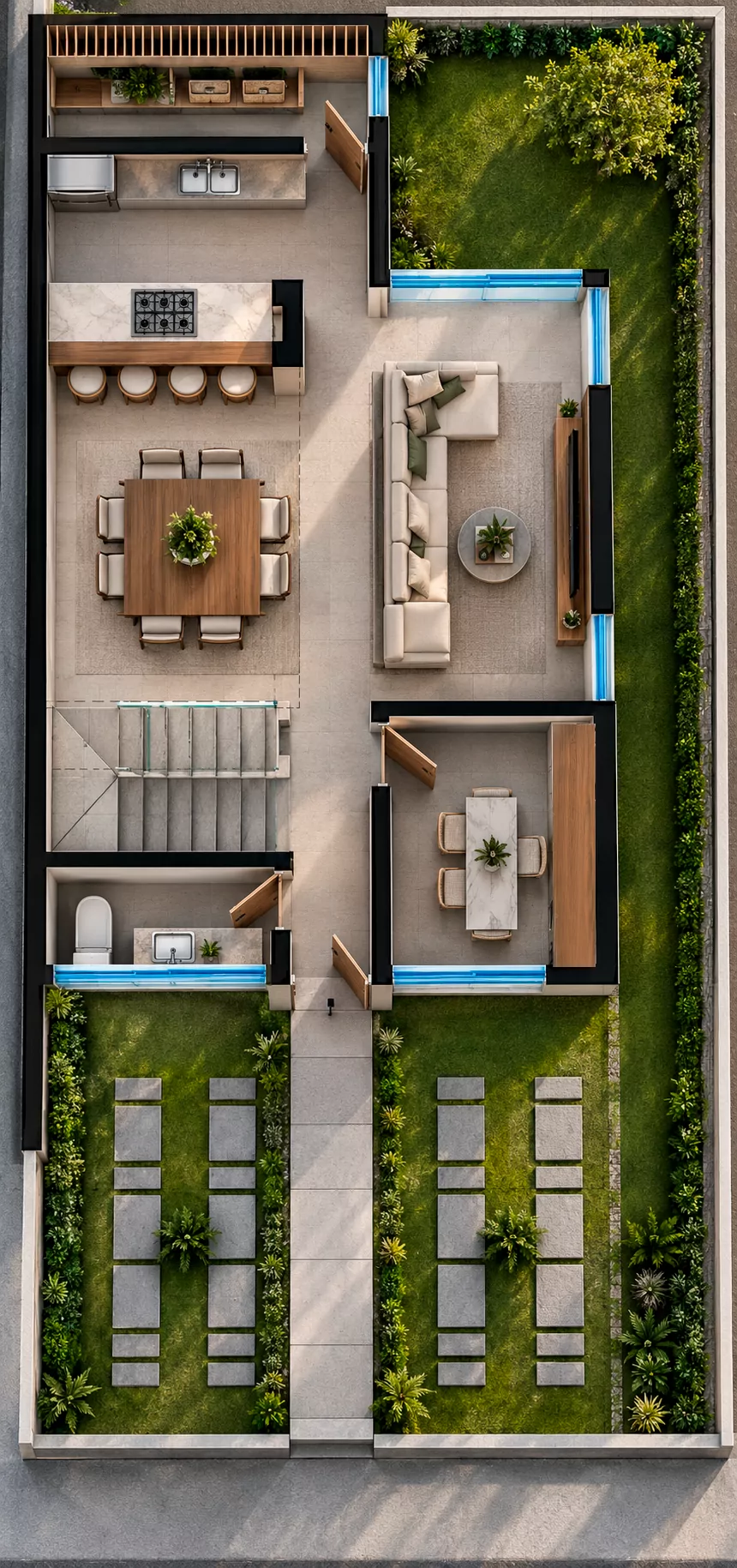 Planta baja de la residencia Zafiro en Algia, vista superior de su distribución