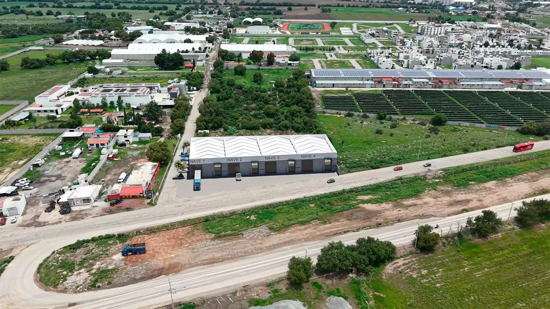 Vista aérea del entorno urbano de Naves Comerciales Las Torres en Pachuca