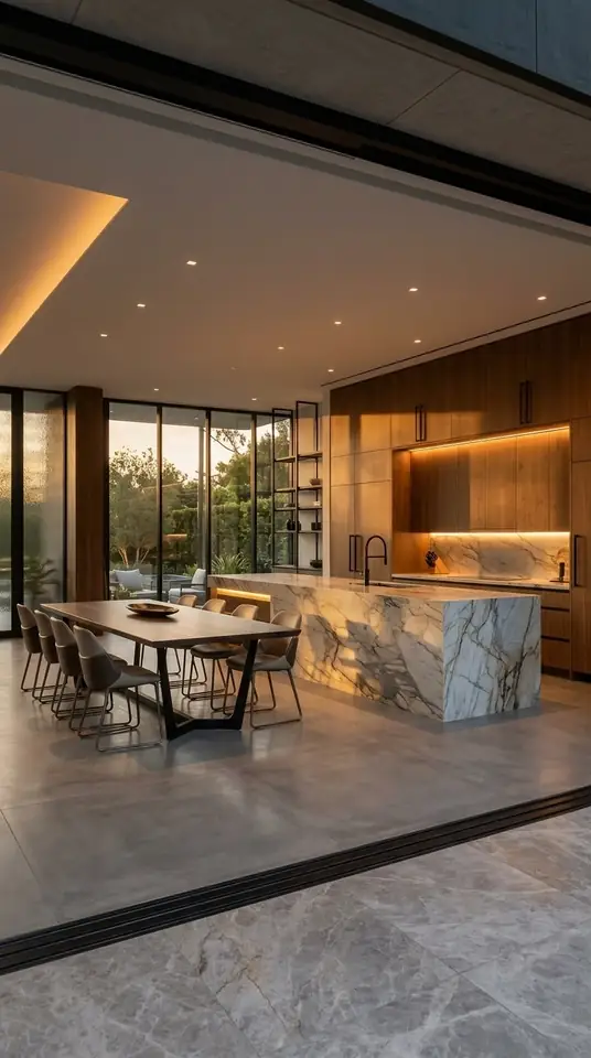 Cocina abierta de lujo con isla central