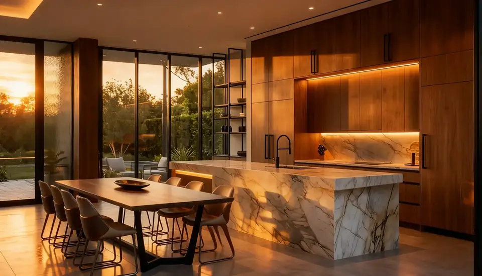 Cocina abierta residencial premium, vista lateral